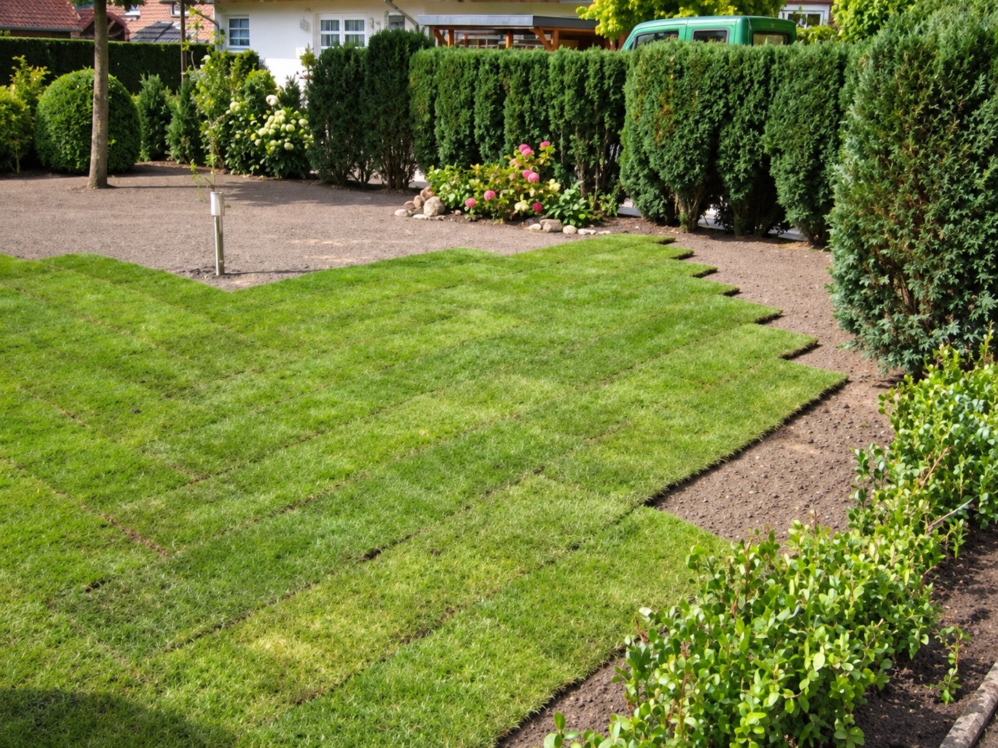 Neu verlegter Rollrasen in einem Hausgarten