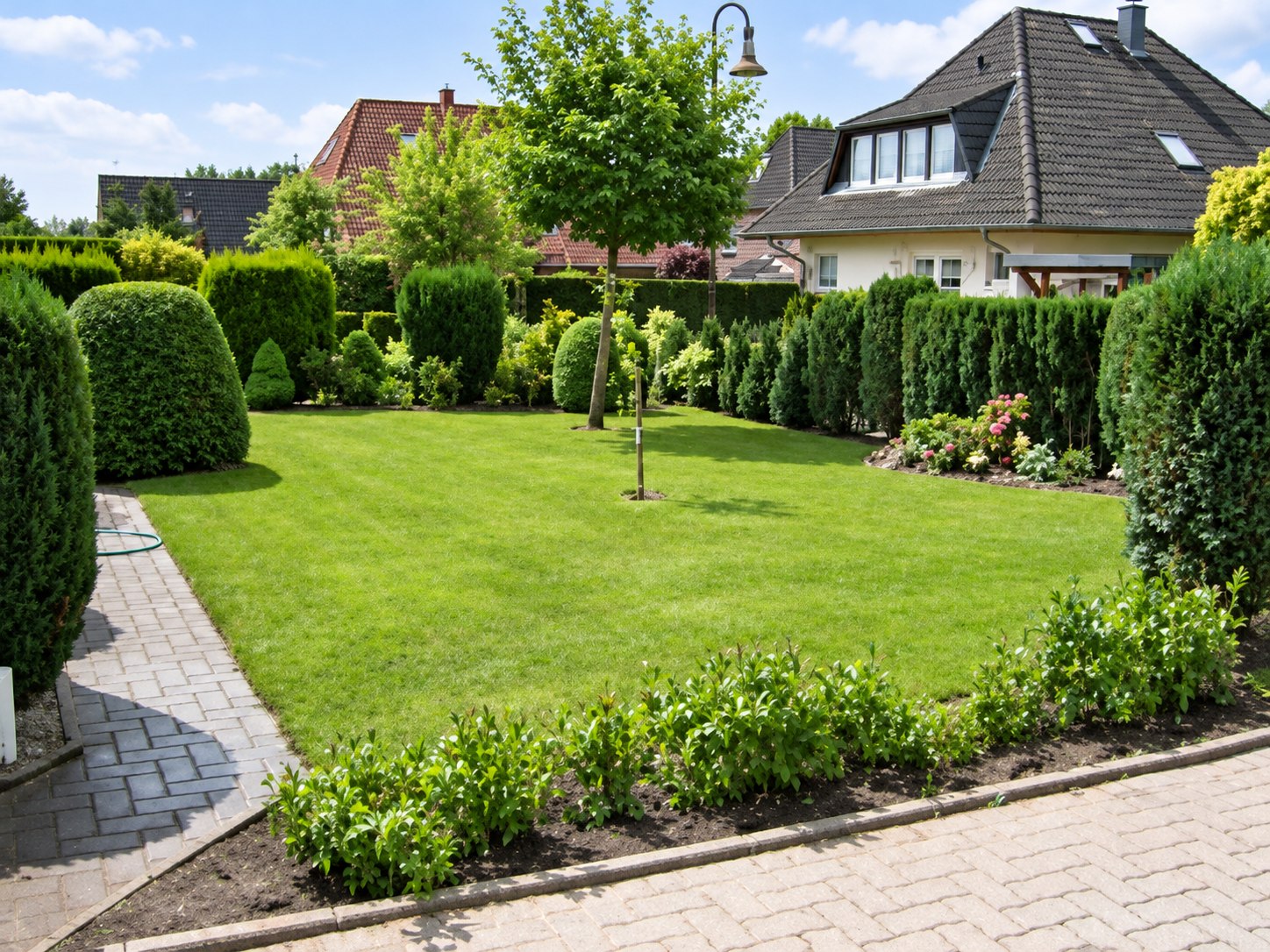Neu angelegter Garten mit Rasenfläche, Beeten und Formgehölzen