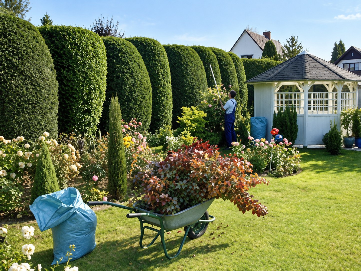Großer gepflegter Garten mit akkurat geschnittenen Formhecken